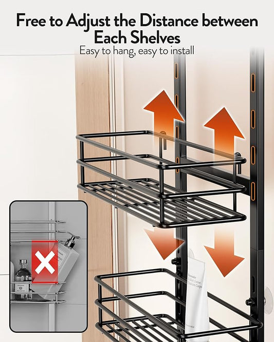 Orimade Over the Door Shower Caddy Adjustable 5 Tier Black,Bathroom Hanging Organizer Shelf Rustproof with 4 Hooks,Shower Basket with Soap Holder and Suction Cup
