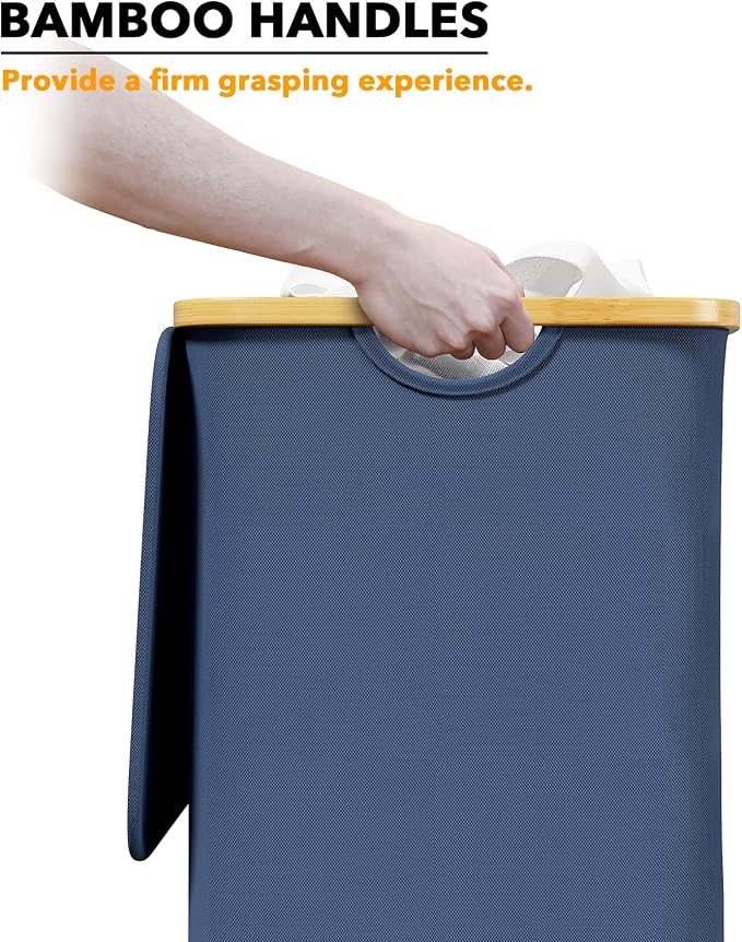 SpaceAid Laundry Hamper with Lid, 110L Large Tall Clothes Basket Bin with Bamboo Handles, Collapsible Laundry Hamper for Bedroom, Bathroom, Dorm, Laundry Room - Blue