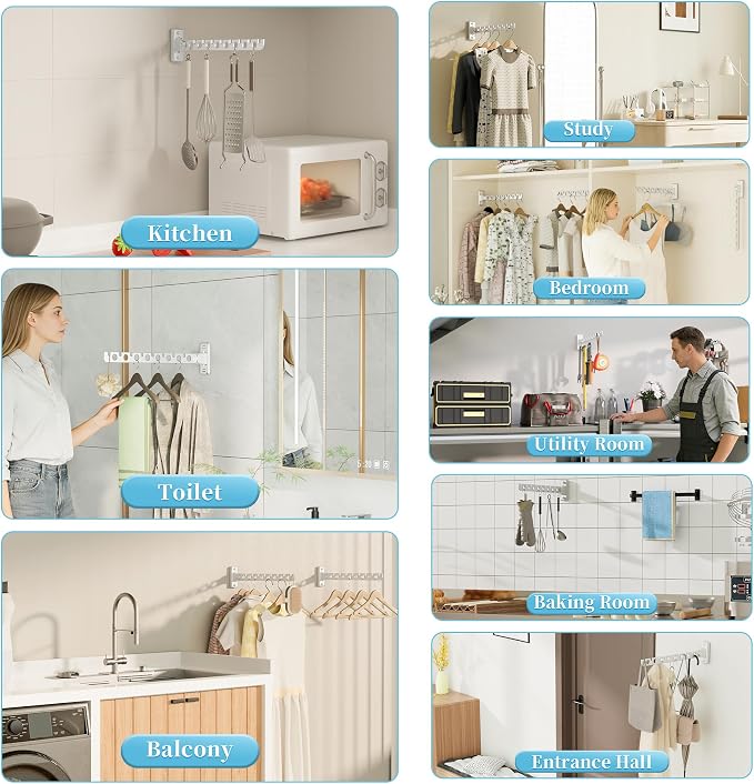 Alise Clothes Drying Racks Wall Mounted Coat Hangers,White,2 Pcs | Foldable Hangers Clothes Hook Closet Storage Organizer,Swivel Space Saving Clothes Hanger Rack for Bedroom Bathroom Laundry