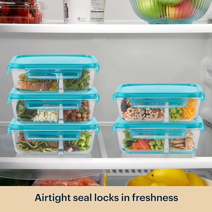 Pyrex Glass Meal Box (5-Pack, 4 Cup) Divided Compartments with Locking Lids, For Meal Prepping and Portioning, BPA Free Microwave Dishwasher Safe