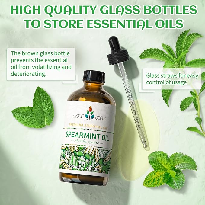 EVOKE OCCU Spearmint Oil for Face, Hair & Scalp Care | Refreshing Minty Aroma for Air Freshening, DIY Lotions, Creams & Aromatherapy - 118ml / 4.16 fl oz