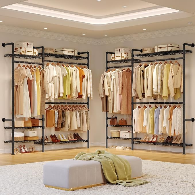 ONBRILL H2 Plus Expandable Wall Mounted Closet System, 3.8FT-5.1FT Closet Organizer with Telescopic Shelves & Adjustable Rods, Industrial Pipe Clothing Rack for Walk-in & Reach-in Closet (Black)