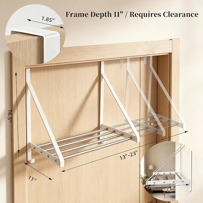 Over Door Clothes Drying Rack 13"-23" Length No Drill for Apartment Rental | 60lb Heavy Duty Load, 4 Stainless Steel Rods and 2 Accessory Hooks Indoor Air Dryer Rack Space Saving for Bathroom, Dorm, RV