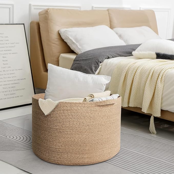 MEGASKET Extra Large Storage Basket, 22”x14” Woven Cotton Rope Basket, Big Kids Dog Floor Toy Bin, XXL Blanket Pillow Holder for Living Room Bedroom, Brown Variegated Round Baskets for Organizing