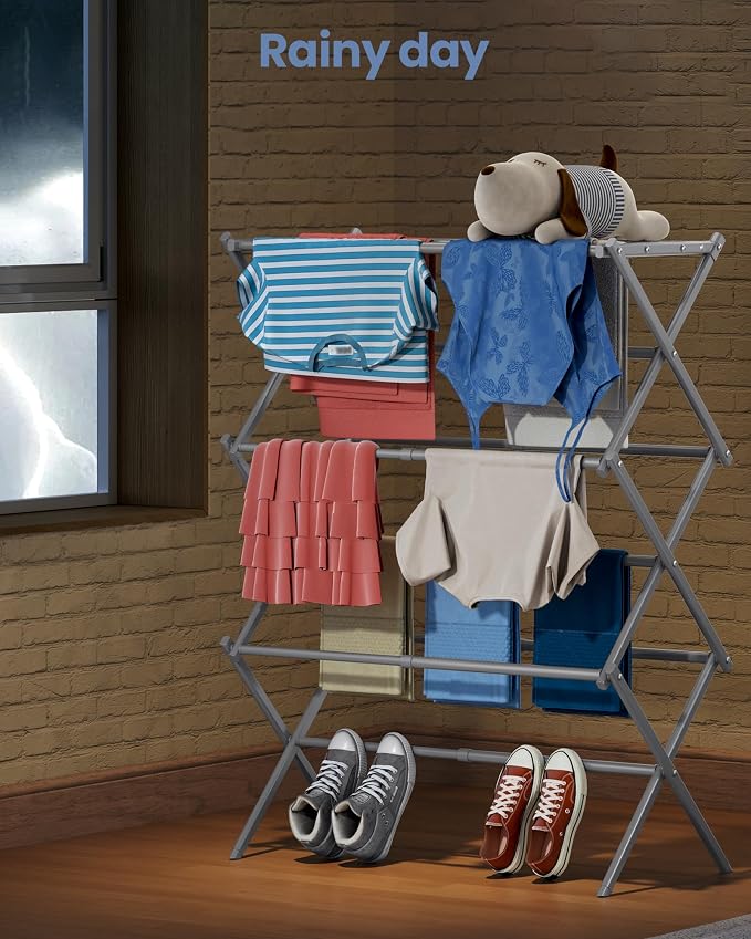 APEXCHASER Oversize 3-Tier Clothes Drying Rack, No Install, Grey | Expandable Design, Non-slip feet, Tool-free Setup, Rust Prevention, Sturdy Construction, 14.9" D x 29.3" W, Holds 24lbs