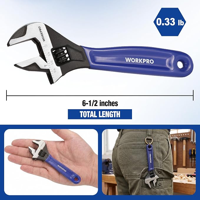 WORKPRO 6-Inch Compact Adjustable Wrench, Wide Jaw Cr-V steel Wrench | Black Oxide Finish, Metric & SAE Scales, Fits M6–M16 bolts for Home Repairs, Garage, DIY and Light Workshop Use.