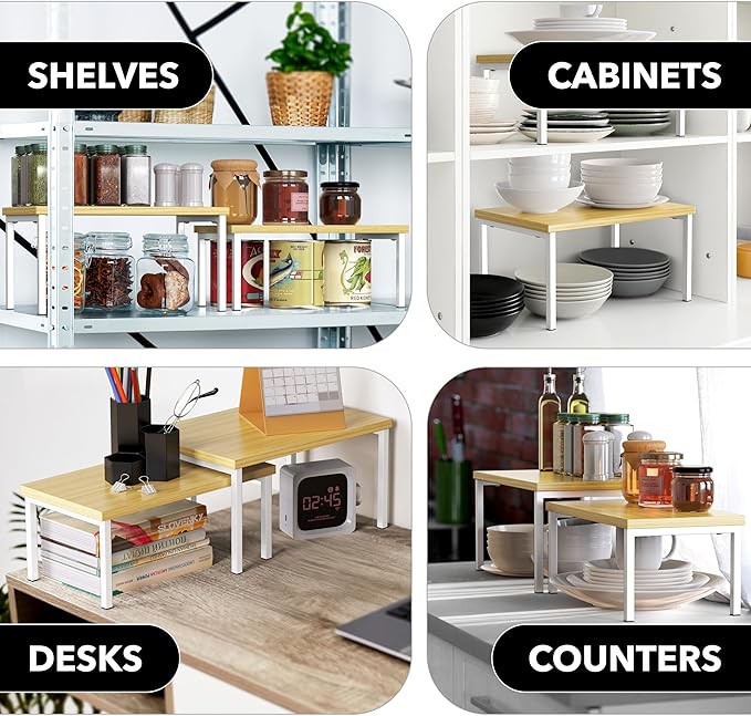 Simple Houseware Stackable Cabinet Counter Shelf Wooden Surface, Oak | Expandable Organizer 7.6" D x 11.75" W x 6.1" H