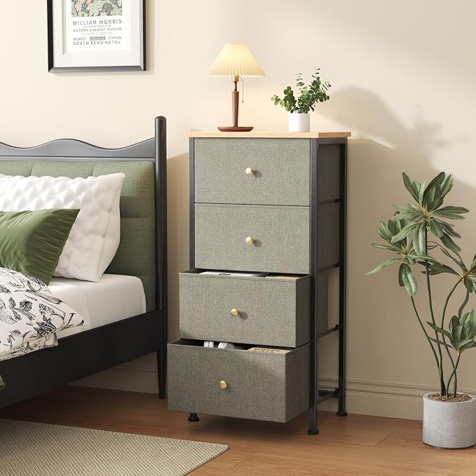 Sweetcrispy Dresser for Bedroom, 4 Drawer Storage Cabinet, Tall Nightstand | Small Fabric Dresser for Closet, Chest of Drawers, Closet Organizer, Home Furniture, Sturdy Frame, Ink Green