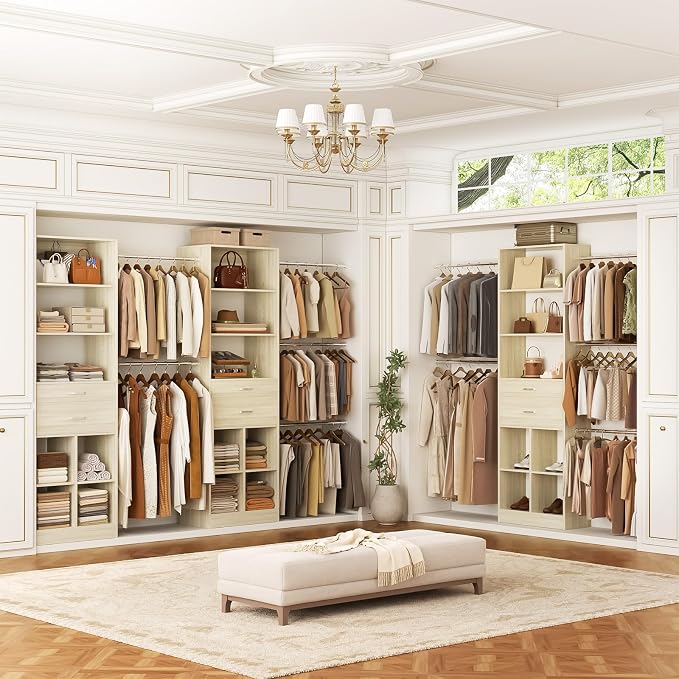 Besiost Closet System, 4-8 FT Closet Organizer System with Smart Sensor Lights, 2 Wooden Drawers and 5 Hanging Rods, Can Fit 60 to 96 inch Walk-in Closet System, Greige Oak