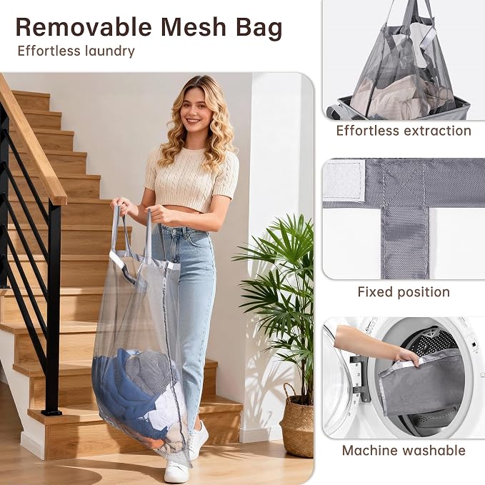 Criusia Laundry Hamper with Lid and Foot Pedal, 100L Fabric Laundry Basket with Removable Mesh Bag, Slim Foldable Design for Bathroom and Laundry Room (Gery)