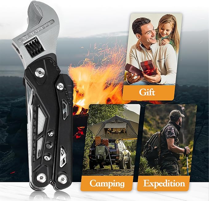 14-in-1 Adjustable Wrench Multitool EDC, Compact Multi Tool with Pliers, Knife, Saw, Screwdrivers, 30Cr13 Stainless Steel Tool for Home Repair, DIY, Camping, Hiking, and Outdoor Use