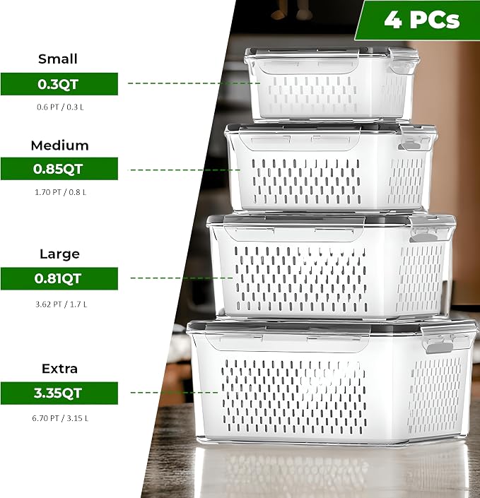 4-Piece Fruit Storage Containers for Fridge, Leakproof and Removable Colander, Dishwasher & Microwave Safe, Extend Freshness of Fruits and Vegetables (White)