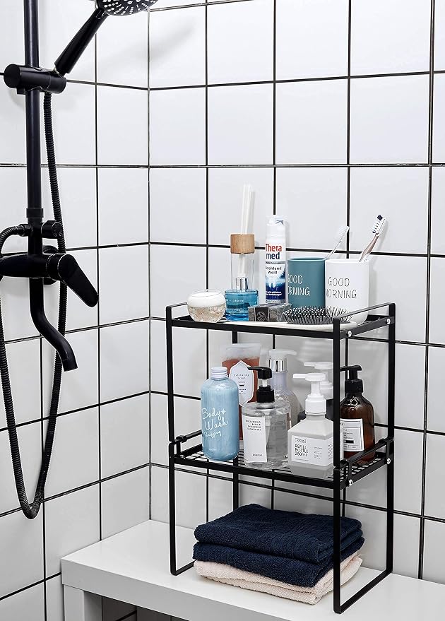 Shantton 2pk Kitchen Cabinet Shelf Counter Organizer Rack Pantry Storage Bathroom Bedroom Office Table Desk Space Saving Steel Frame Stackable Rust Resistant Non Slip Black-Tall-L13in W8.3in H9.5in