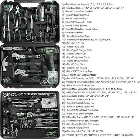 Prostormer Tool Set with 8V Cordless Drill, 369-Piece Home Tool Kit with Drill Driver, Toolbox Storage Case with Drawer, General Household Tools for Home Repairs and DIY, Handyman (Green)