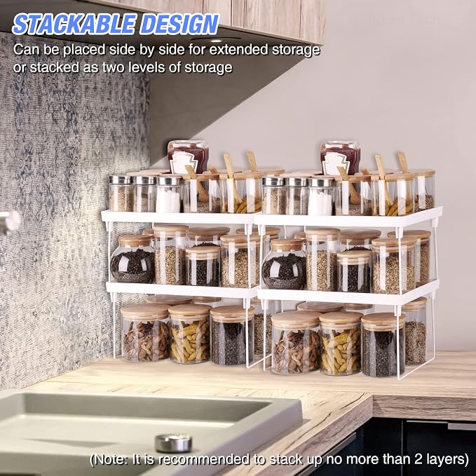 NiHome 4-Pack Stackable Plastic Kitchen Storage Shelf Foldable Rack, White | Stackable Kitchen Cabinet Organizer and Storage Shelves, Expandable Storage Racks for Counter Cabinet Pantry