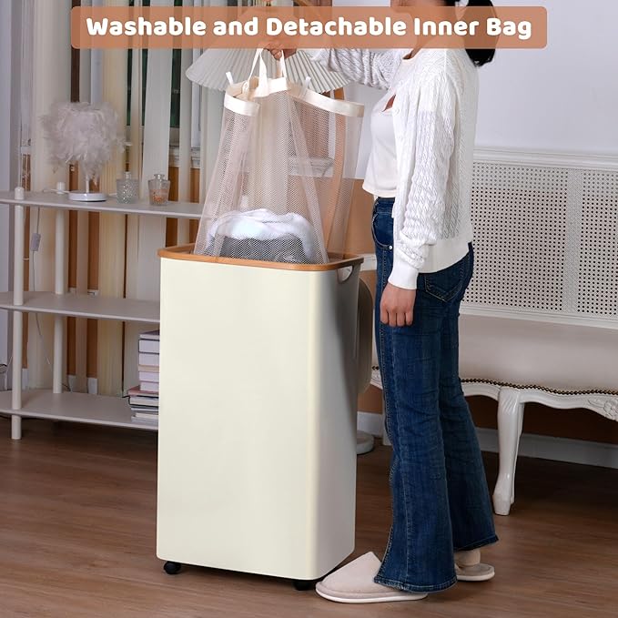 IEGrow Laundry Basket with Wheels 110L Laundry Basket with Mesh Bag,Pink | Laundry Hamper with Lid and Bamboo Frame, for Laundry Room, Bedroom, Dormitory Storage