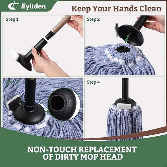 Eyliden Heavy Duty Floor Mop, Non-Touch Replacement, 2 Reusable Cotton Heads, 4 Scouring Pads, Industrial Wet & Dry Mops for Home & Commercial, Kitchen, Garage & Office Floor Cleaning, Blue