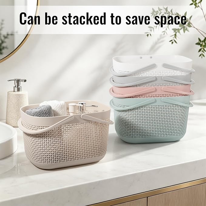 Plastic Protable Shower Caddy Basket, Storage Organizer with Handle, Beige | Bottom Drain Holes, Keep Dry, Sturdy and Durable, Easy to Carry for Bathroom, Kitchen, Dorm Room, RV, College