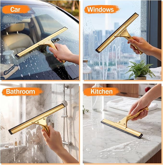 All-Purpose Brass Shower Squeegee 14 Inch T Shape Squeegee for Shower Glass for Bathroom Doors Mirrors Tiles Car Windows Streak Free Compatible with Extension Rods