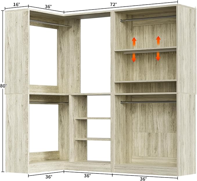 Unikito Corner Closet System, 72" L-Shaped Closet Organizer with 4 Hanging Rods, Freestanding Walk-in Closet Storage Tower for Bedroom, White Oak