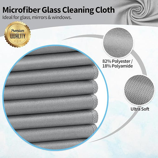 Microfiber Cleaning Cloth - 6 Pack Glasses Cleaning Cloth, 16" x 14" Window Cleaning Rags, Streak Free Lint Free Polishing Cloths Wipes for Eye Glass, Stainless Steel, Windshield, Grey