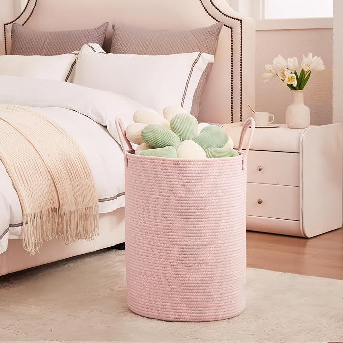 Pink Hamper Laundry Basket for Girls Kids Baby Nursery 60L Large | 15x20 Inches Woven Rope Hamper, Tall Nursery Storage Bin, Kawaii Bedroom Laundry Hamper