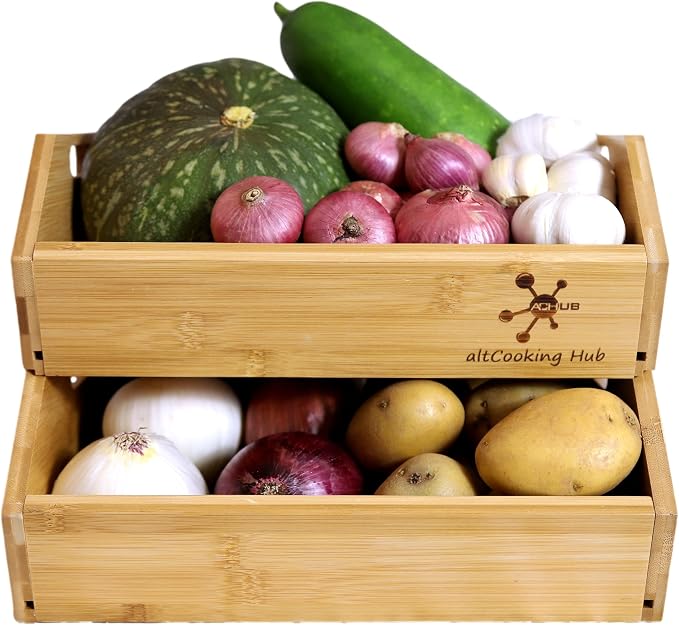 Bamboo Open-Front Stacking Storage Bin -Configurable as 2-Tier Fruit Basket