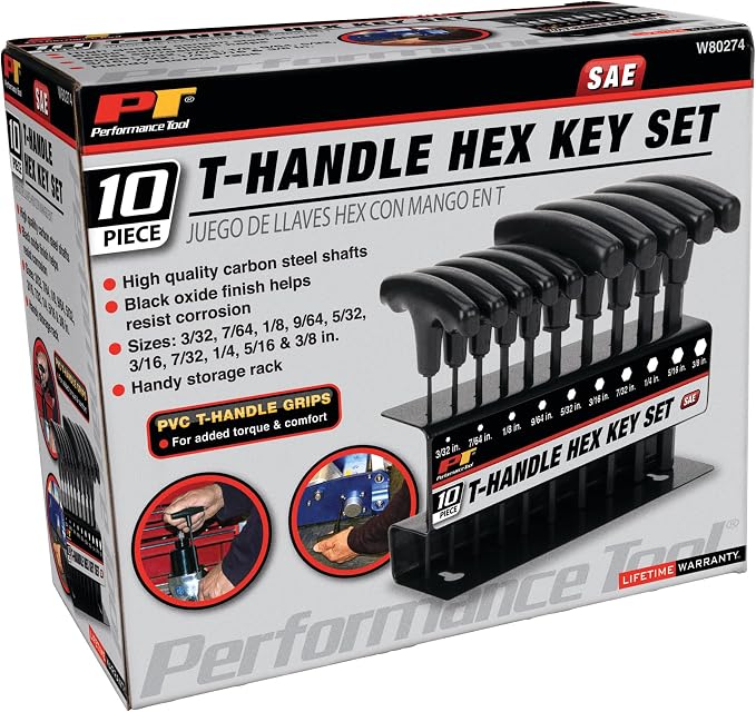 Performance Tool W80274 10-Piece SAE T-Handle Allen Wrench Set, Long Arm Hex Key Wrench Set (Pack of 10)