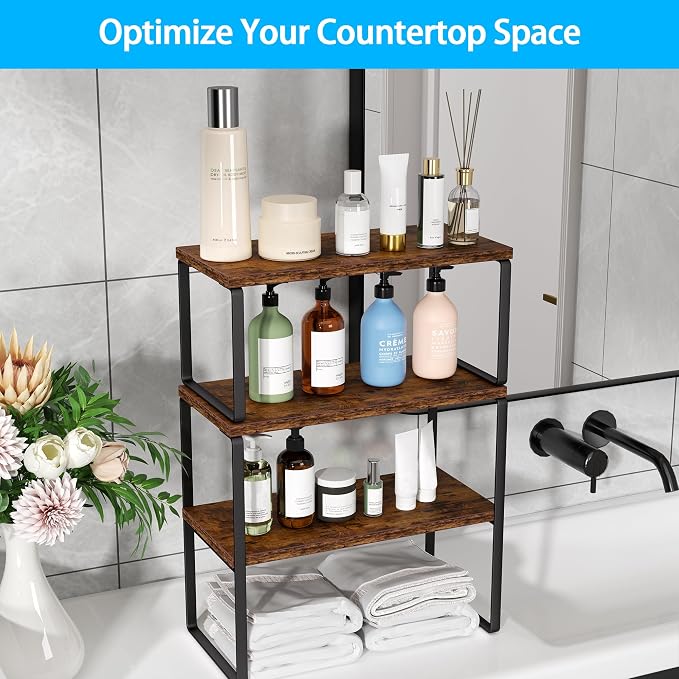 Golener Kitchen Counter Organizer, Countertop Shelf, Adjustable, Stackable | Kitchen Countertop Organizer, Spice Rack, 2-Tier Countertop Shelves, Corner Desk Shelf, Corner Counter Shelf, Rustic Brown