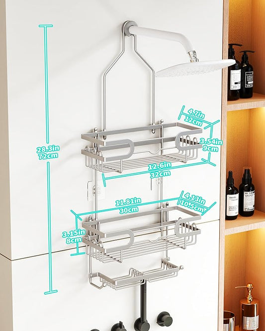 HapiRm Bathroom Hanging Shower Caddy - Rustproof Shower Shelf with 12 Hooks and 2 Soap Holders, No Drilling Bathroom Organizers and Storage - Brushed Nickel