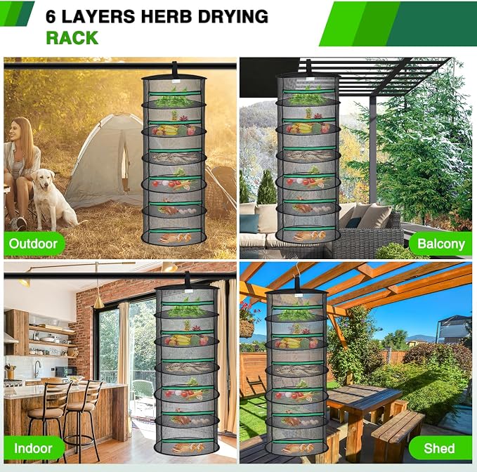 Yesker 6 Layer Herb Drying Rack Hanging Mesh Net Foldable Plant Drying Racks 24" Diameter with Green Zipper & Hook Dryer Hanging Rack for Herbs Seed Bud Fruit Clothes Grow Tent Closets Garden Outdoor