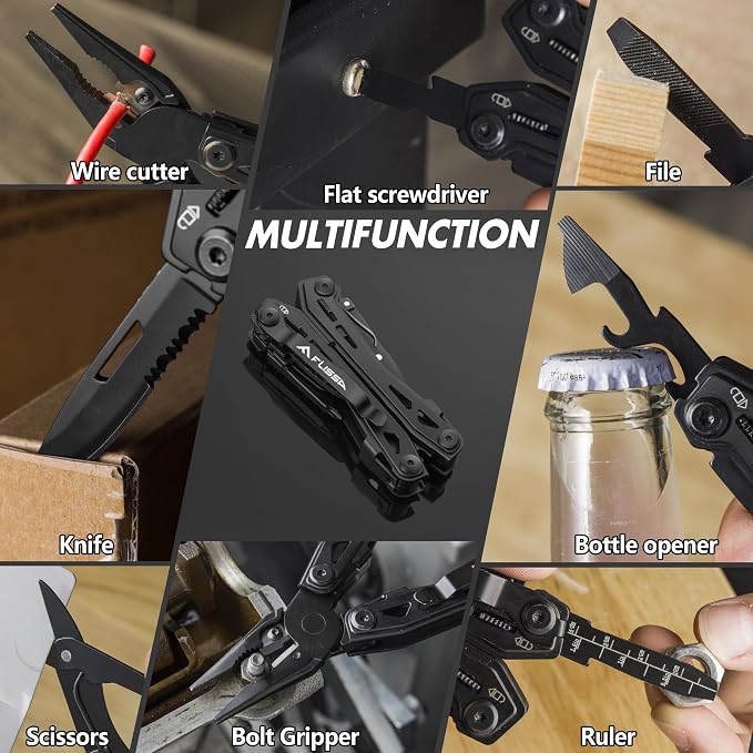 FLISSA 16-In-1 Multi Tool, EDC Multitool, Black | Gift for Men, Stainless Steel, Pocket Knife, Pliers, Belt Clip, Oxford Sheath, Safety Locking, For Camping, Outdoor