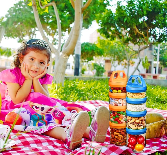 SELEWARE Stackable Snack Containers for Kids Toddlers Adults, Blue & Orange | Portable Food Storage Containers for Snacks Formula Powder Drinks and Travel, Twist Lock System Airtight Leak-proof BPA Free