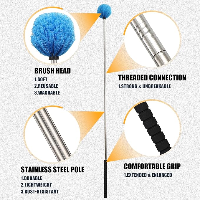 Cobweb Duster with 5FT Extension Pole, Adjustable Stainless Steel Handle & Stiff Bristles – Lightweight Dusting Brush for Indoor/Outdoor Cleaning –Ceiling Fans,Corners,Eaves,Vents,Cleans Up to 12FT