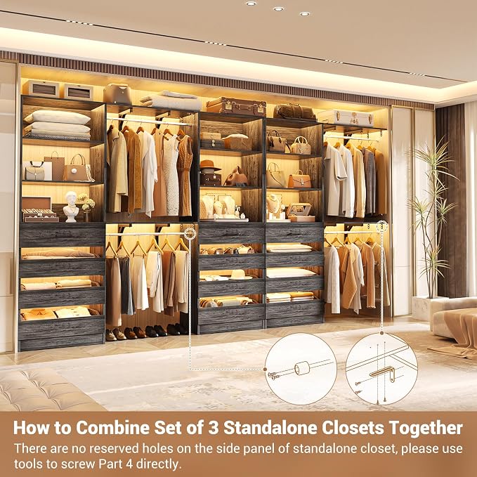 Aheaplus Closet System with 12 Drawers, 138.5" Wood Closet Organizer System with 4 Hanging Rods & Top Shelves, 6.7+4.85Ft L Shaped Corner Walk-in Closets Wardrobe Organizer Rack, Set of 3, Black Oak