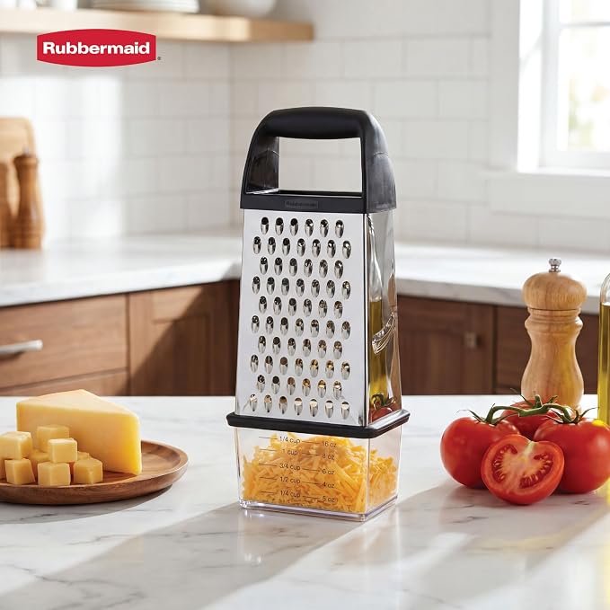 Rubbermaid EZ Grip Box Grater, Stainless Steel Cheese Grater & Container - BPA Free Multi-Surface Cheese Shredder & Food Grater for all Vegetables | Graters for Kitchen -Non-Slip Base, Dishwasher Safe