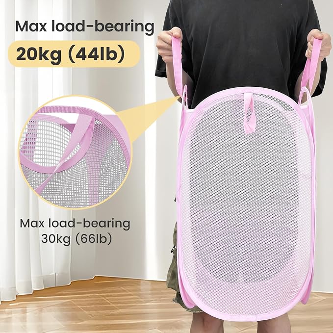 HOUSE AGAIN 2Pack Strong Mesh Pop Up Laundry Hamper, 70L Collapsible Laundry Basket with Steel Frame, Double‑Stitched Handles & Side Pocket, Foldable Dirty Clothes Hamper for Dorm, Bedroom, Light Pink