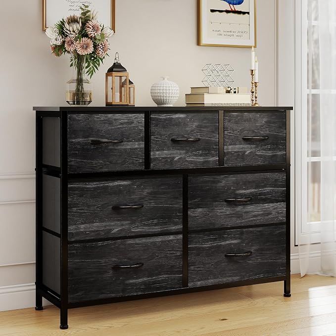 OLIXIS 7 Drawer Closet Organizer, Storage Tower with Sturdy Steel Frame | Dresser for Bedroom, Wooden Top & Easy Pull Fabric Bins, Clothes Organization, Living Room, Black Wood Grain