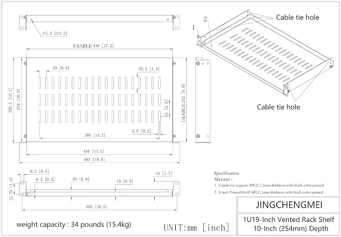 1U Vented Cantilever Server Rack Mount Shelf 10" Depth | for 19-Inch Network/AV Equipment Rack and Cabinet, Disassembled (1U10V)