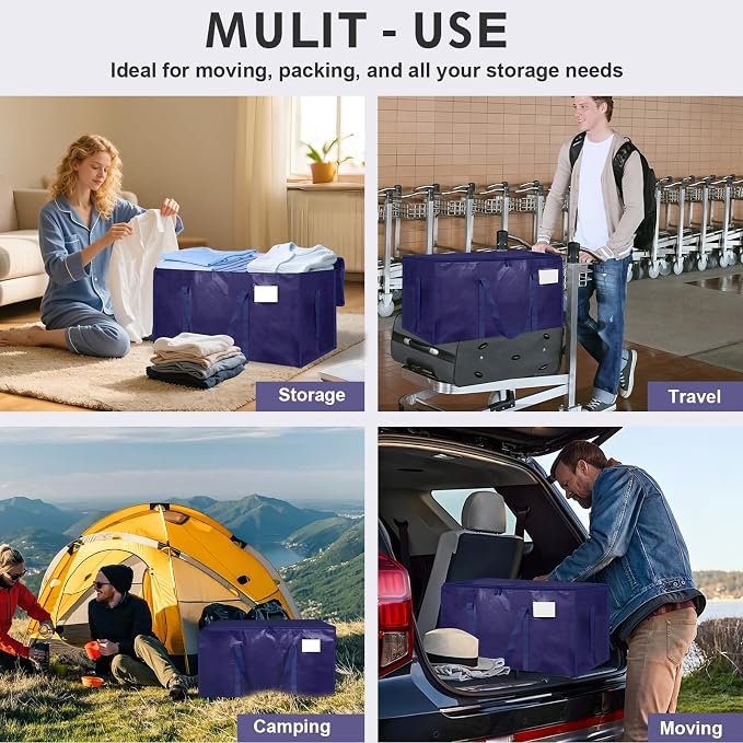 16 Pack-Extra Large Heavy Duty Moving Bags - Waterproof Storage Totes with Handles & Zippers, Foldable for College Dorm, Storage (Dark Blue)