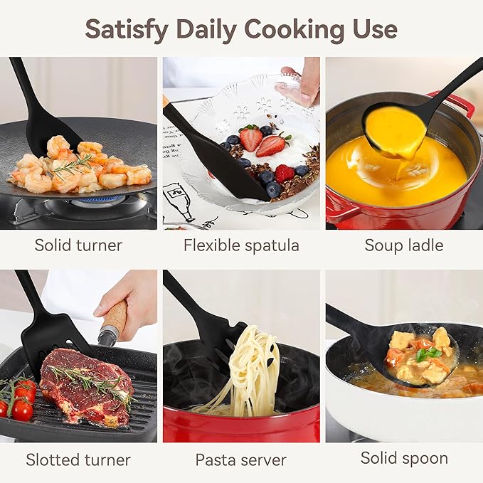 NCUE Kitchen Utensils Set, Large Non-stick Silicone Cooking Utensils Set 6 Pcs, Wooden Handle Heat Resistance Silicone Spatula Soup Ladle Pasta Server Kitchen Gadgets Utensils Set BPA Free (Black)