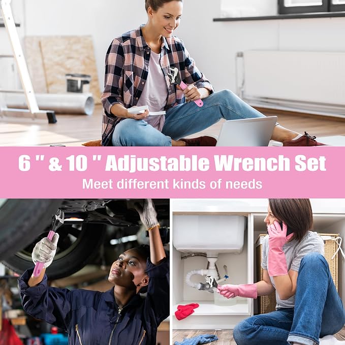 WORKPRO 2 PCS Pink Adjustable Wrench Set, 6-Inch & 10-Inch Wide Jaw Wrenches