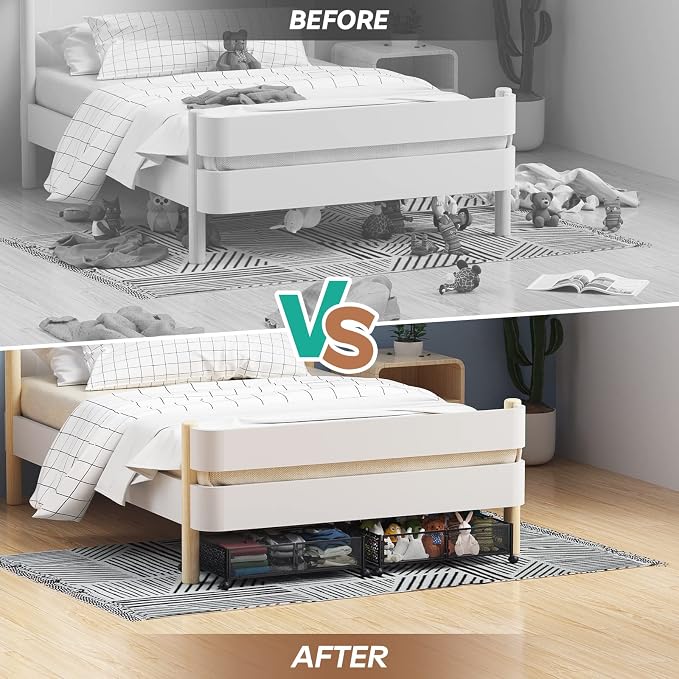 PHINOX Under Bed Storage with Wheels,Patterned,Sturdy Metal,4 Pack,Black | Tool-free assembly, glide smoothly, easy reach, foldable, maxmazie low-profile beds, dorm, keep seasonal clothes, shoes fresh