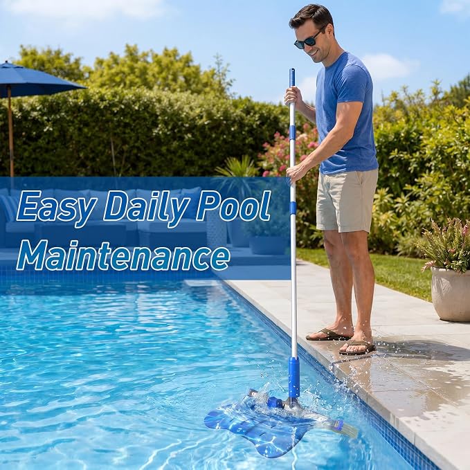 Pool Brush with Brush Tail for Cleaning Pool Walls Using Water Pressure, 18" Tough Plastic Bristles Pool Brush Head with EZ Clips Fit Most Poles (Pole not Included)