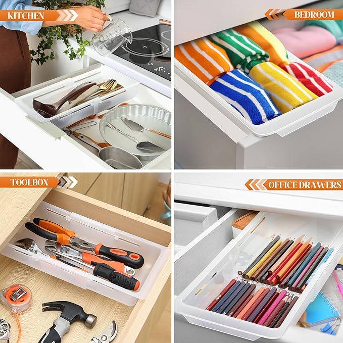 2 Pack Deep Drawer Organizer Bins, Adjustable Sliding Drawer Organizer Bin Expandable Tray for Kitchen Utensils, BBQ Tools, Towels, Durable Plastic Sliding for Easy Storage (12.4" to 18”)