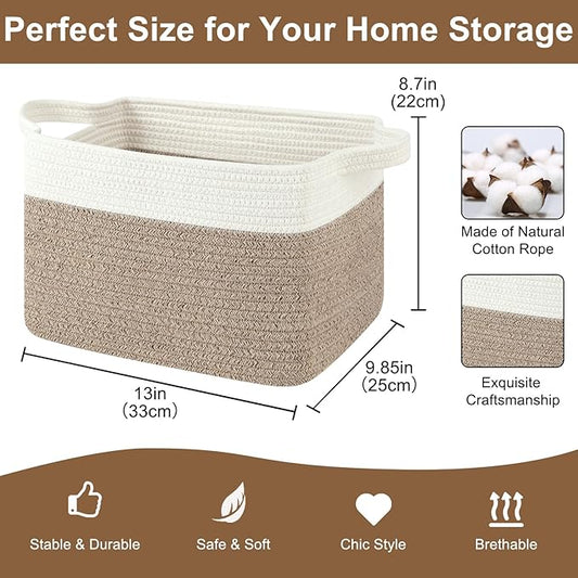 OIASKET Storage Basket for Organizing, Woven Baskets for Storage, Rectangle Decorative Baskets for Shleves, Closet, Toys, Books, Nursery Organizer Bins - Pack of 3 (Brown & White, 13"x9.85"x8.7")