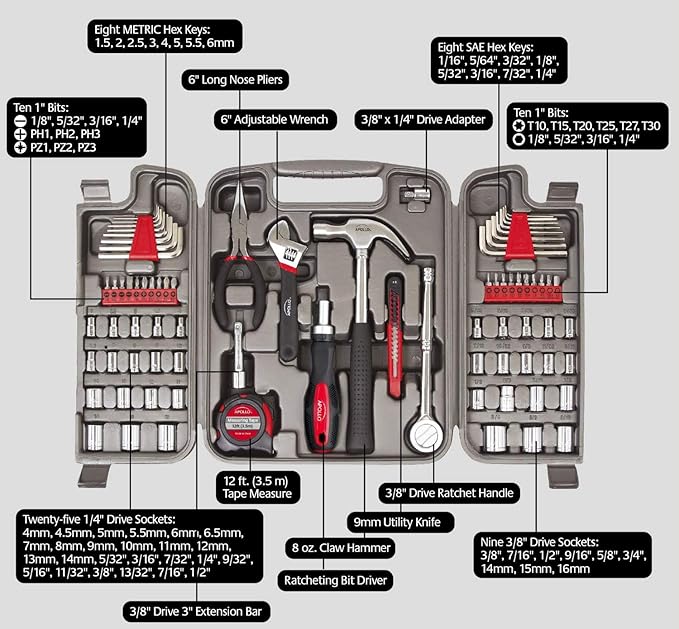 Apollo Tools 79 Piece Multi-Purpose SAE and Metric Tool Set with Sockets for the Garage, Home or on the Road. Includes Essential Tools for Vehicle Maintenance and Repairs - Red- DT9411