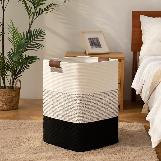 Laundry Hamper 96L Extra Large Laundry Basket, Woven Blanket Basket | Cotton Woven Storage Hamper with Handles for Living Room, Large Baskets for Pillows, Blankets, Clothes-Gradient Black