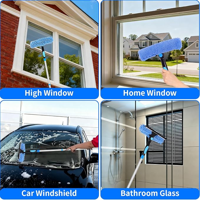 152'' Window Cleaning Kit, 2 in 1 Window Squeegee with Extension Poles, Window Cleaner Tools for Indoor/Outdoor High Window, Car, Glass