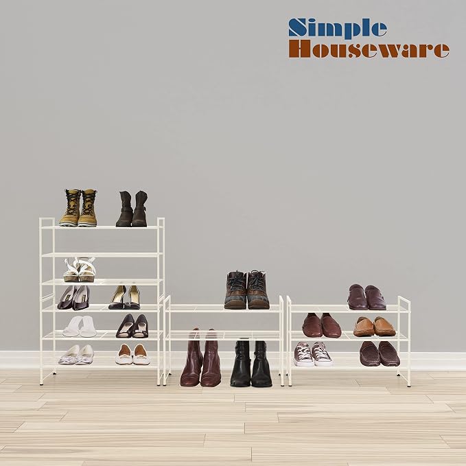 Simple Houseware 3-Tier Stackable Wired Grid Shoe Rack, White | 9 Pairs of Shoes Storage Organizer for Closet, Entryway, Garage & Corridor
